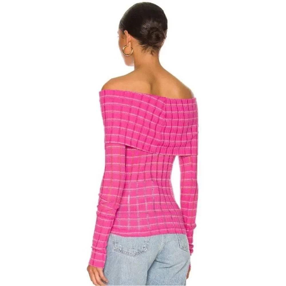 Free People Snowbunny Off the Shoulder Long Sleeve Top in Fuschia Fizz Combo XS